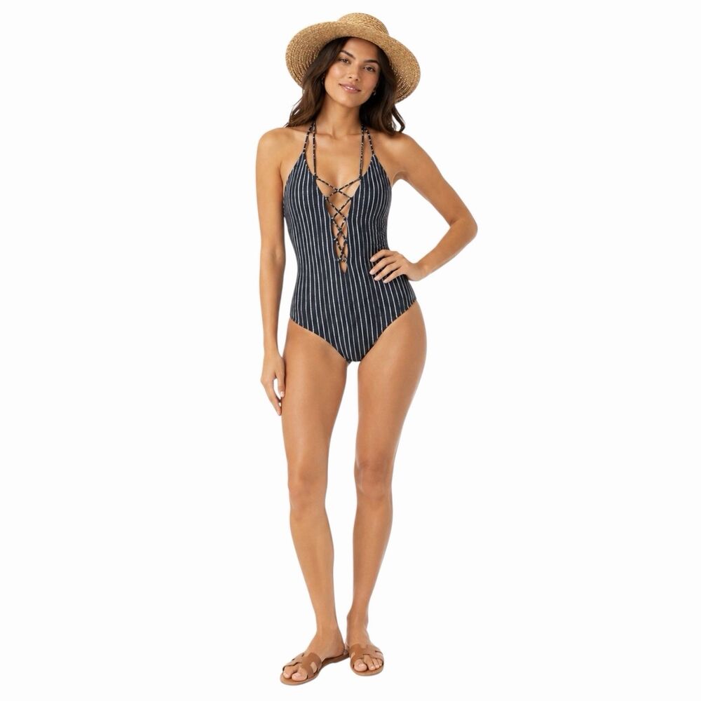 Aila Blue Lace Up One Piece Women Small Striped Spirit Shibori Swimsuit NWT $209